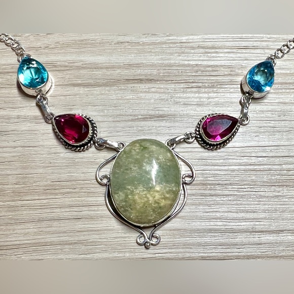 Handmade Sterling Silver Aquamarine, Garnet, & Topaz Gemstone Necklace, 18" - Picture 1 of 4